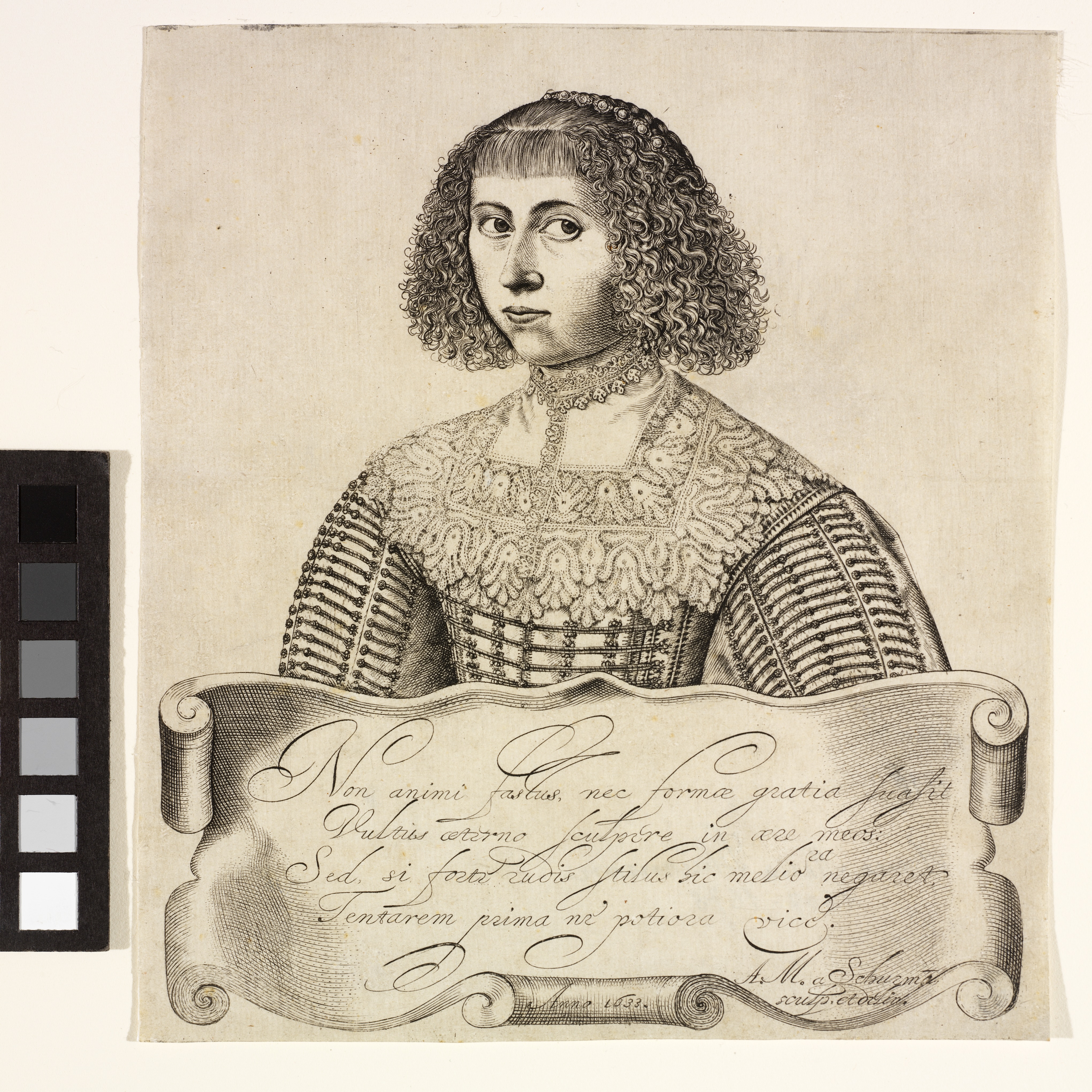 A bust-length, printed self-portrait of the artist wearing an elaborate dress with a lace collar. She wears her curly hair cut short in a bob with bangs. She looks at the viewer directly with a sidewards glance and a slight smile. Below her there is a scroll with an inscription.